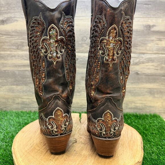 Corral Women - Size 7M - Brown Fleur De Lis Wings Cowboy Boots R2549 - Picture 6 of 11